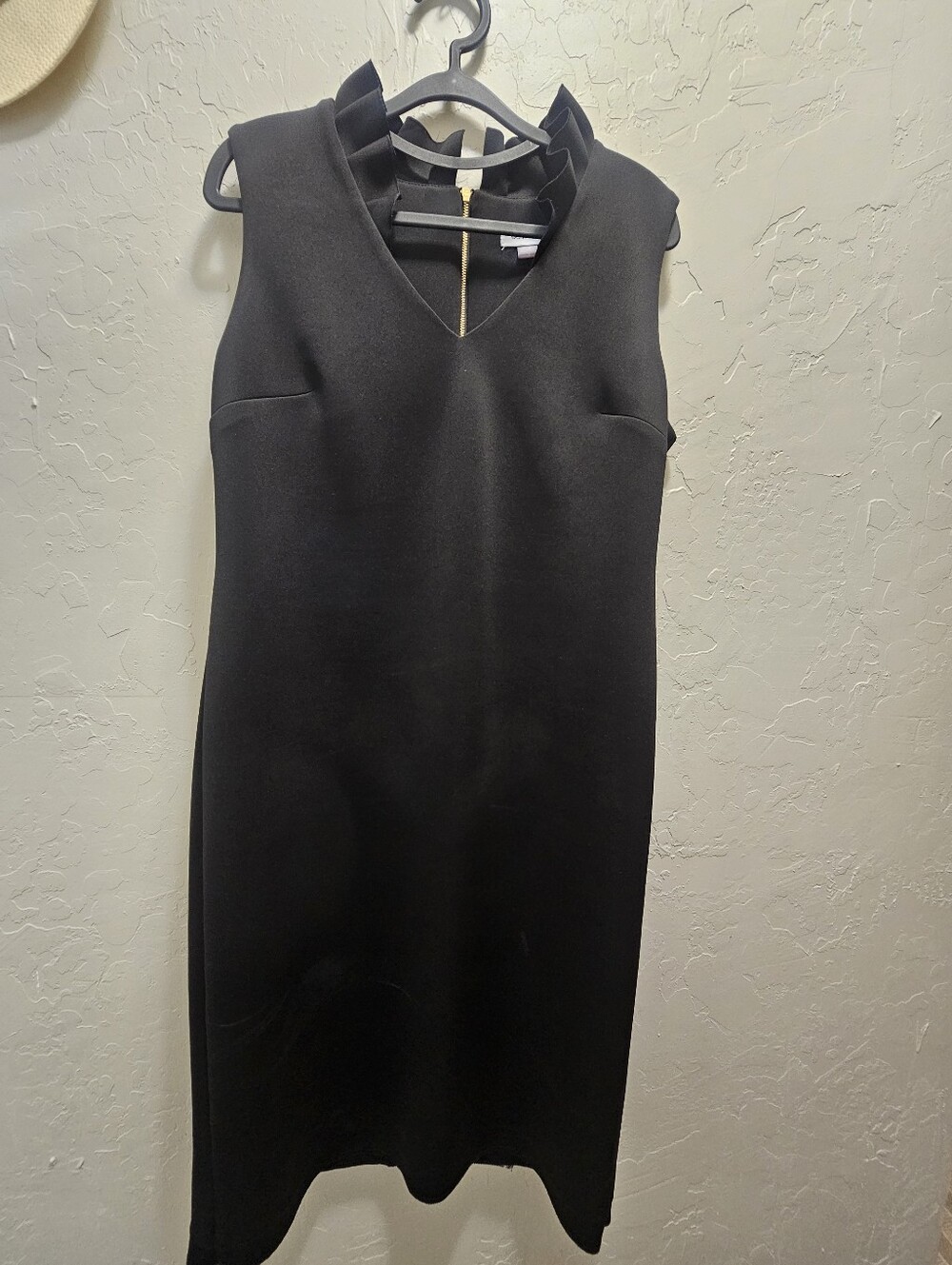 Calvin Klein Black Sheath Dress Size 12 | Ruffle Neck | Gold Back Zip - Picture 2 of 5